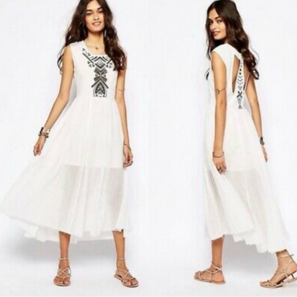Free People White Midi Dress with Black Embroidery